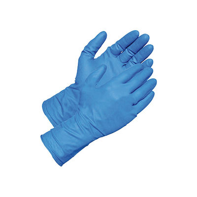 Près de moi les gants jetables de main de nitriles bleus entassent en vrac en ligne